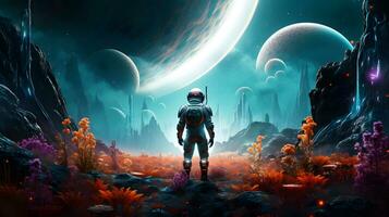 astronaute dans Profond espace. fantaisie paysage illustration photo