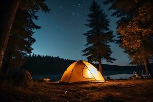 camping tente près des arbres pendant nuit temps, ai génératif photo