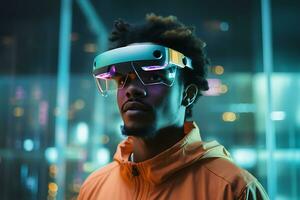 Humain portant intelligent des lunettes et montrant holographique écran futuriste technologie, ai génératif photo