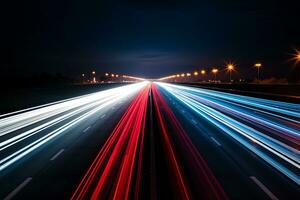 Autoroute avec blanc bleu et rouge illuminations à nuit, ai génératif photo