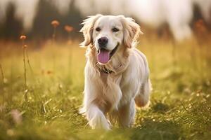 fermer coup de une content d'or retriever chien dans une prairie, ai génératif photo