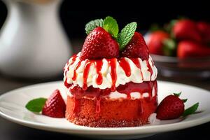 peu rond gâteau décoré avec des fraises sur blanc plaque, ai génératif photo