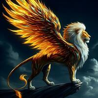 majestueux enfer Gardien - une Lion monte en flèche avec ailes de Feu. ai généré photo