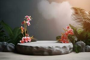 3d pierre podium Plate-forme dans tropical les plantes décoration, pour présentation afficher produits de beauté des produits l'image de marque, vide minimal étape identité et emballage conception, ai produire photo