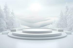 3d podium minimal moquer en haut Vide étape avec paysage neige hiver scène, pour produit afficher présentation conception, ai produire photo