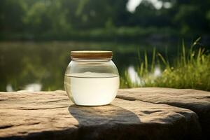 moquer en haut une pot de crème sur une Naturel style Contexte photo