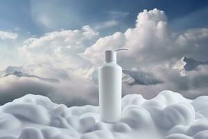 maquette de élégant lotion pompe bouteille sur le Contexte de brillant des nuages photo