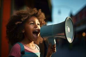 un africain américain enfant Parlant avec une mégaphone photo