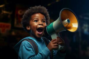 un africain américain enfant Parlant avec une mégaphone photo