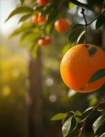 mûr des oranges sur arbre dans le jardin. peu profond profondeur de champ. ai généré photo