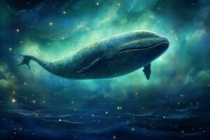 gigantesque gros baleine flottant dans étoiles. produire ai photo