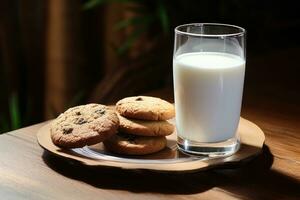 une verre de Lait , biscuits sur une plaque. ai généré photo