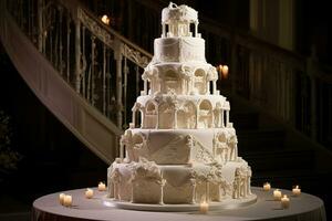 échelonné mariage gâteau avec fleurs. ai généré photo