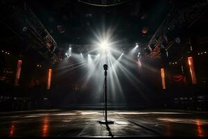 concert étape avec une microphone dans le lumière de projecteurs. performance photo