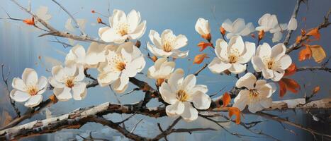 épanouissement branche avec rose fleurs bleu Contexte. ai généré. photo