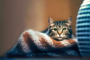 cherchant chaleur - gris chat et couverture - génératif ai photo