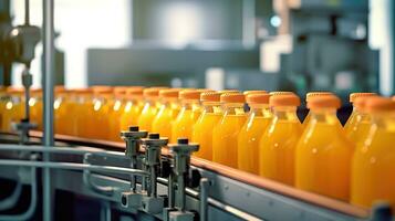industriel convoyeur ceinture avec bouteilles de Orange jus - Créatif produit promotion - génératif ai photo