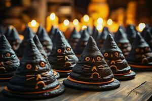 effrayant Halloween desserts - sorcière chapeau bonbons - génératif ai photo