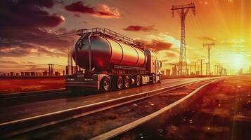 longue transporter transport - pétrolier un camion sur le Autoroute à le coucher du soleil - génératif ai photo