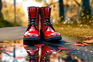 l'automne des pluies arrivée - caoutchouc bottes par flaque - génératif ai photo