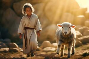 religieux art - garçon Jésus trouve perdu mouton dans ensoleillé paysage - génératif ai photo