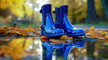 pluvieux saison ambiance - caoutchouc bottes et flaque - génératif ai photo