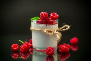cuit fait maison yaourt avec mûr rouge framboises dans une verre. photo