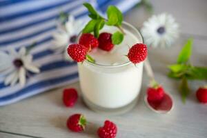 sucré cuit fait maison yaourt avec Frais framboises dans une verre. photo