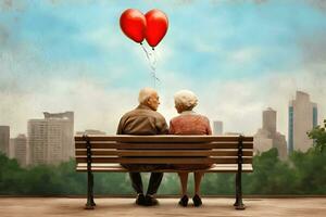 l'amour sait non âge - les personnes âgées en portant rouge des ballons dans le parc - génératif ai photo
