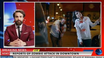 zombi attaque apocalypse nouvelles rapports. diffuseur parlant à propos dangereux virus et infecté gens hanté le ville, effrayant information sur international vivre télévision programme. photo
