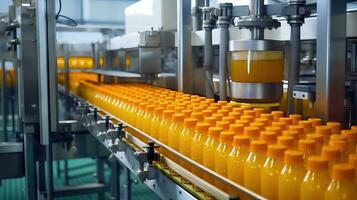 usine convoyeur système avec bouteilles de Frais Orange jus - génératif ai photo