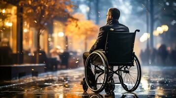 désactivée homme dans fauteuil roulant au milieu de Urbain paysage - génératif ai photo