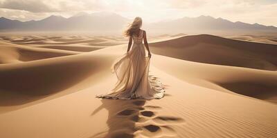 ai généré. ai génératif. magnifique femme en marchant sur blanc Jaune dune. la nature Extérieur vacances paysage Contexte. graphique art photo