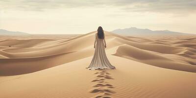 ai généré. ai génératif. magnifique femme en marchant sur blanc Jaune dune. la nature Extérieur vacances paysage Contexte. graphique art photo