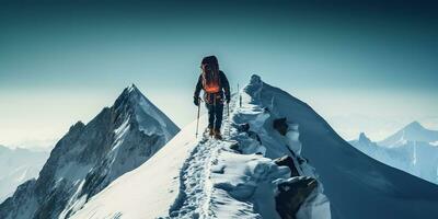 ai généré. ai génératif. hiver neige la glace Montagne randonnée trekking exploration aventure actif mode de vie motivation paysage Contexte. graphique art photo