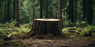 ai généré. ai génératif. en bois souche dans le jungle forêt. la nature Extérieur paysage Contexte. graphique art photo