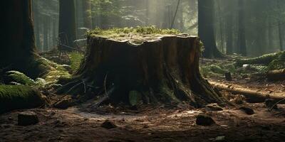 ai généré. ai génératif. en bois souche dans le jungle forêt. la nature Extérieur paysage Contexte. graphique art photo