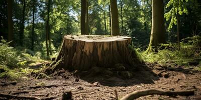 ai généré. ai génératif. en bois souche dans le jungle forêt. la nature Extérieur paysage Contexte. graphique art photo