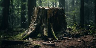 ai généré. ai génératif. en bois souche dans le jungle forêt. la nature Extérieur paysage Contexte. graphique art photo