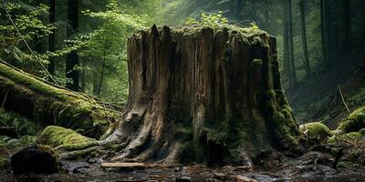 ai généré. ai génératif. en bois souche dans le jungle forêt. la nature Extérieur paysage Contexte. graphique art photo