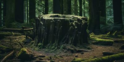 ai généré. ai génératif. en bois souche dans le jungle forêt. la nature Extérieur paysage Contexte. graphique art photo