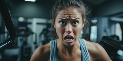 ai généré. ai génératif. femelle Jeune fille femme visage portrait à Gym aptitude sport fonctionnement expression Contexte. sport motivation photo illustration. graphique art