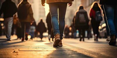 ai généré. ai génératif. foule gens en marchant rue jambes dans chaussures. ville Urbain Contexte. graphique art photo