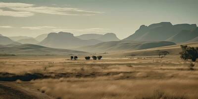 ai généré. ai génératif. sauvage Extérieur la nature Sud Afrique paysage Contexte avec montagnes et champ. graphique art photo