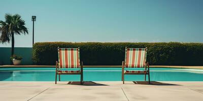 ai généré. ai génératif. deux en bois dech chaises à nager bassin. vacances relaxant Hôtel temps. graphique art photo