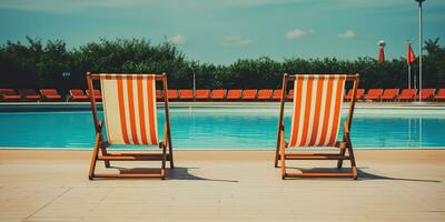 ai généré. ai génératif. deux en bois dech chaises à nager bassin. vacances relaxant Hôtel temps. graphique art photo