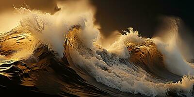 ai généré. ai génératif. foncé noir et Jaune éclaboussure l'eau mer océan vagues décoratif Contexte. graphique art photo