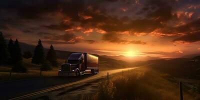 ai généré. ai génératif. un camion auto mobile à route Autoroute parking avec le coucher du soleil pays côté paysage Contexte. graphique art photo