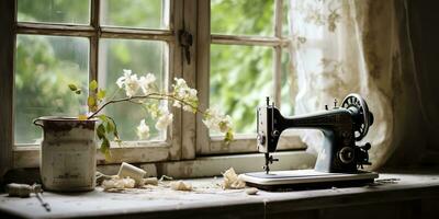 ai généré. ai génératif. ancien rétro couture machine sur fenêtre avec fleurs. décoratif Accueil confortable Contexte. graphique art photo