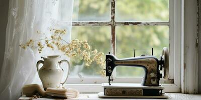 ai généré. ai génératif. ancien rétro couture machine sur fenêtre avec fleurs. décoratif Accueil confortable Contexte. graphique art photo